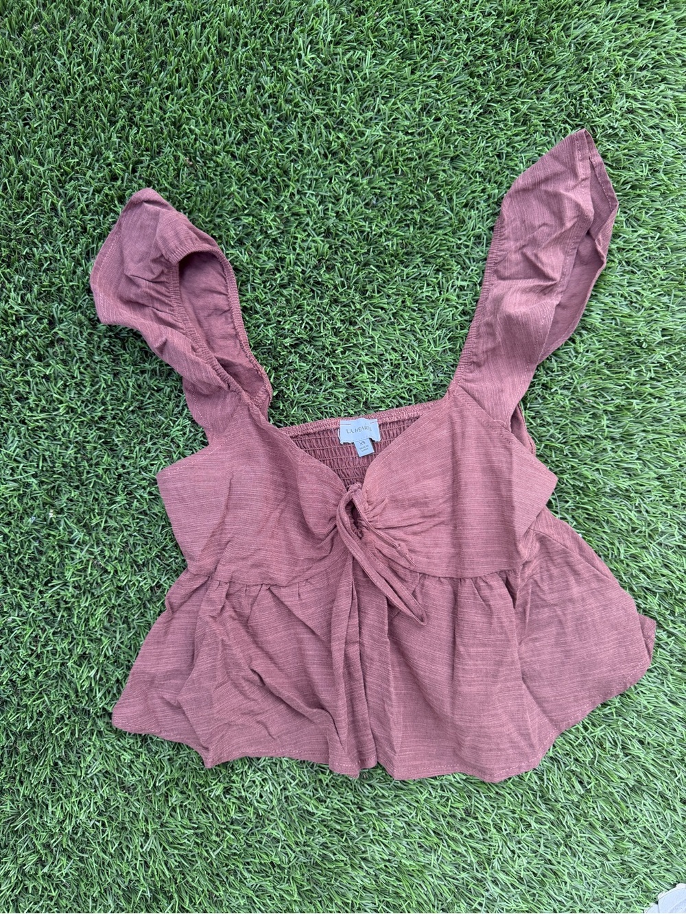 La Hearts Mauve Tie-Front Ruffle Strap Crop Top